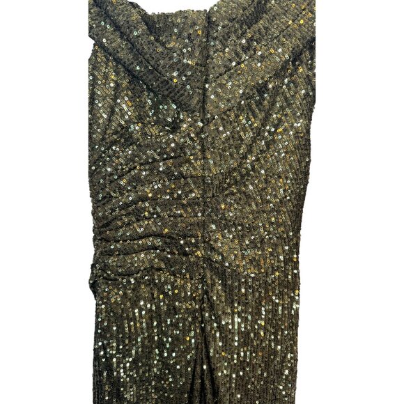 leena For Mac Duggal Size 2 Sequined Olive Green Long Sleeve Gown Draped Collar - Picture 14 of 16